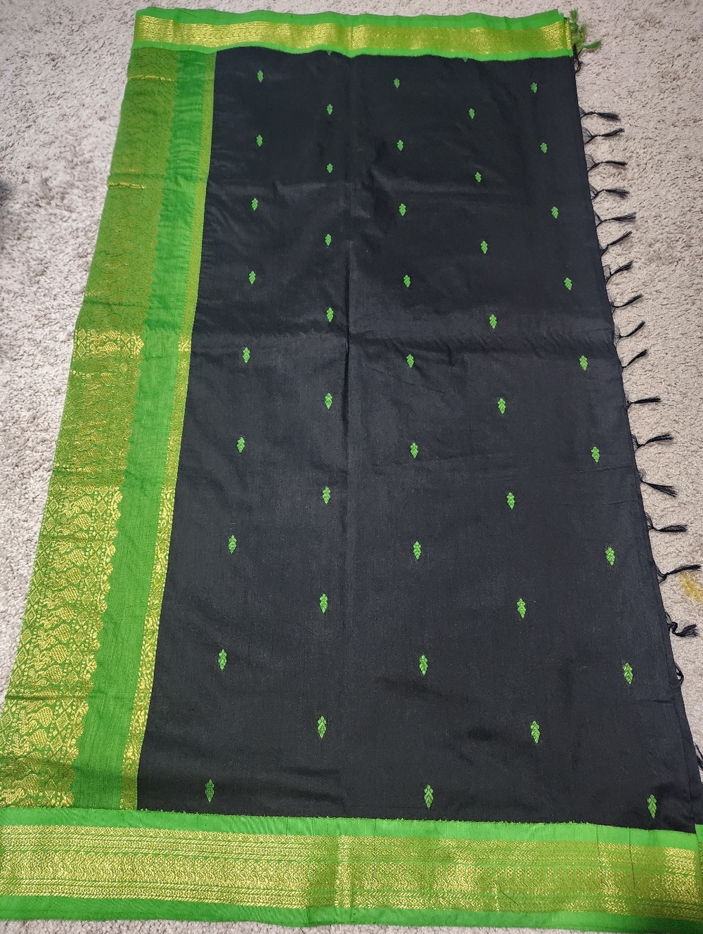 Black Silk Sari with Bright Green Border and Motifs
